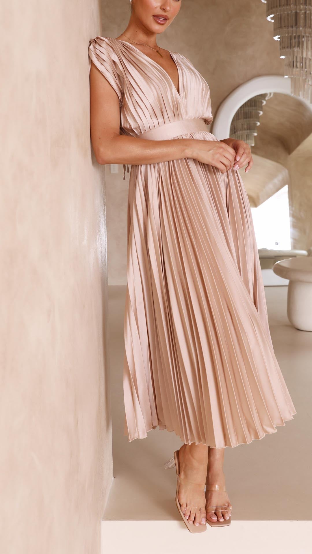 Pleated V-Neck Wedding Guest Maxi Dress for Women