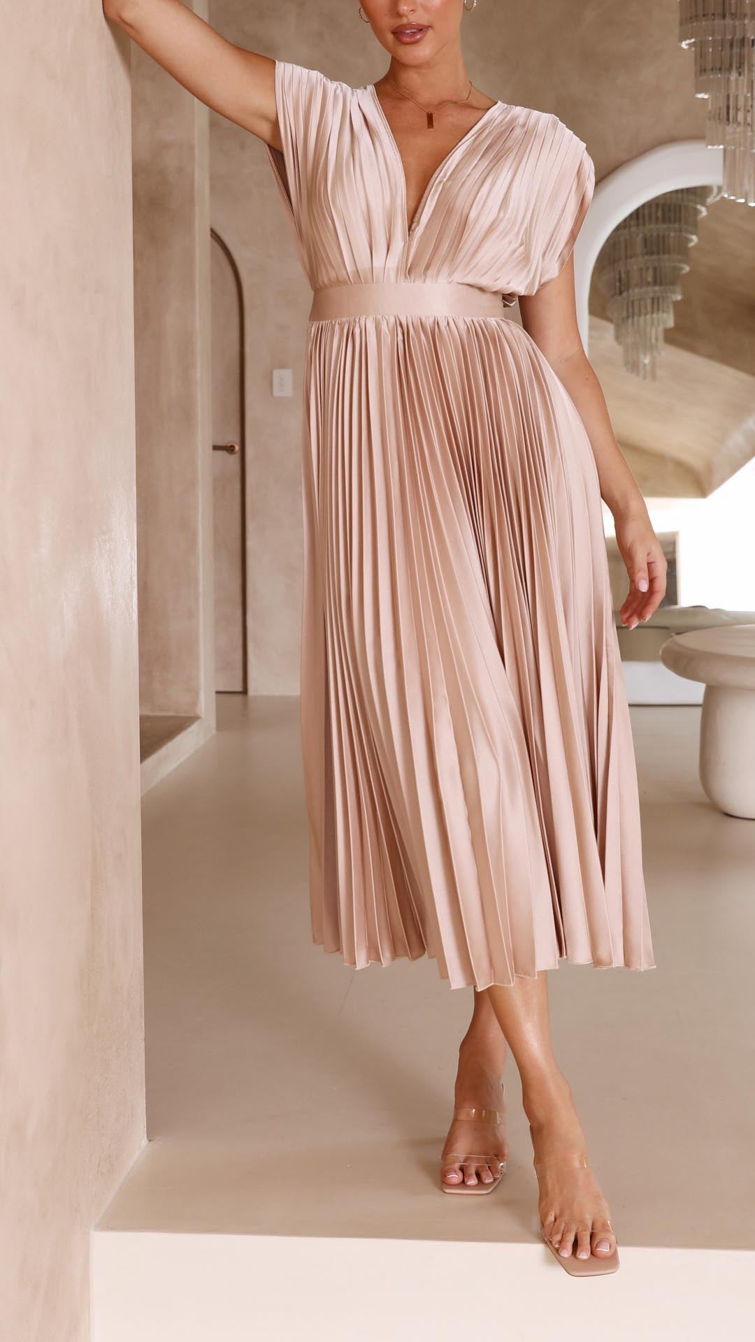 Pleated V-Neck Wedding Guest Maxi Dress for Women