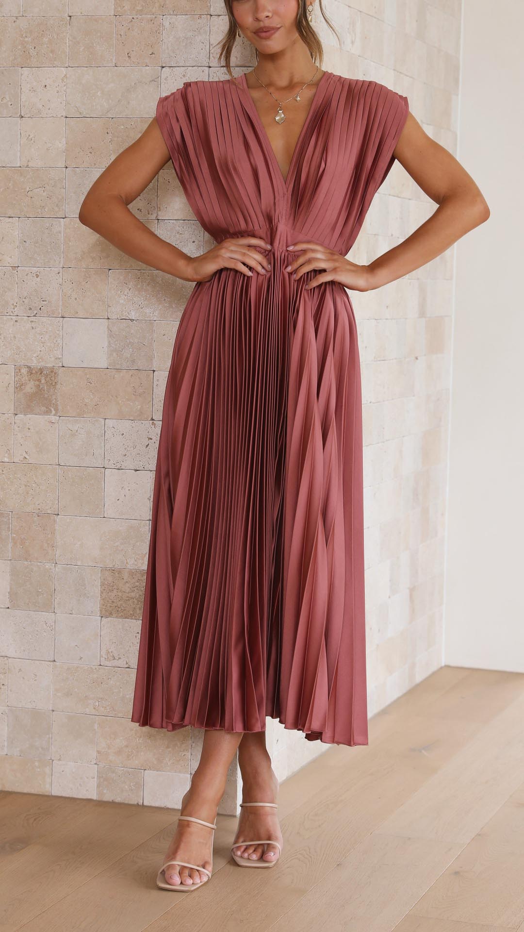Pleated V-Neck Wedding Guest Maxi Dress for Women