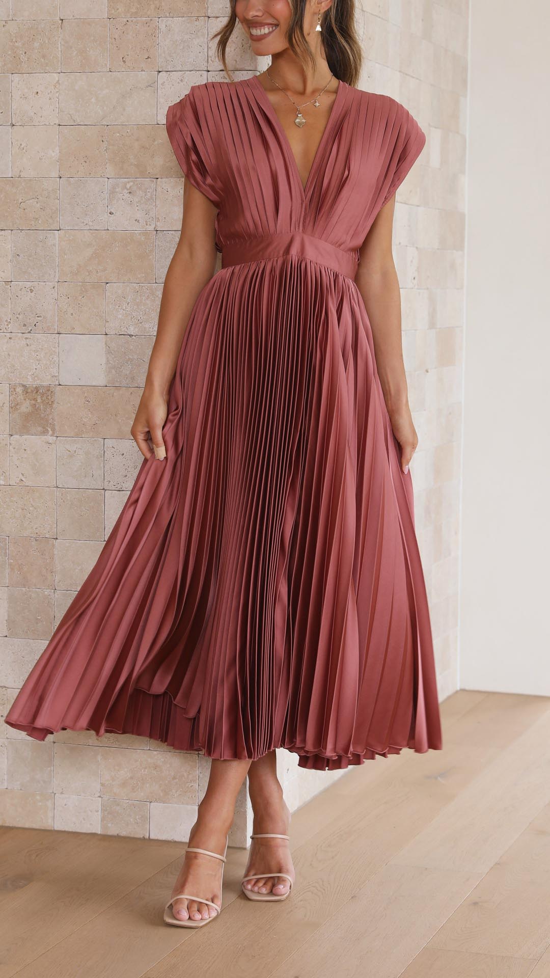 Pleated V-Neck Wedding Guest Maxi Dress for Women