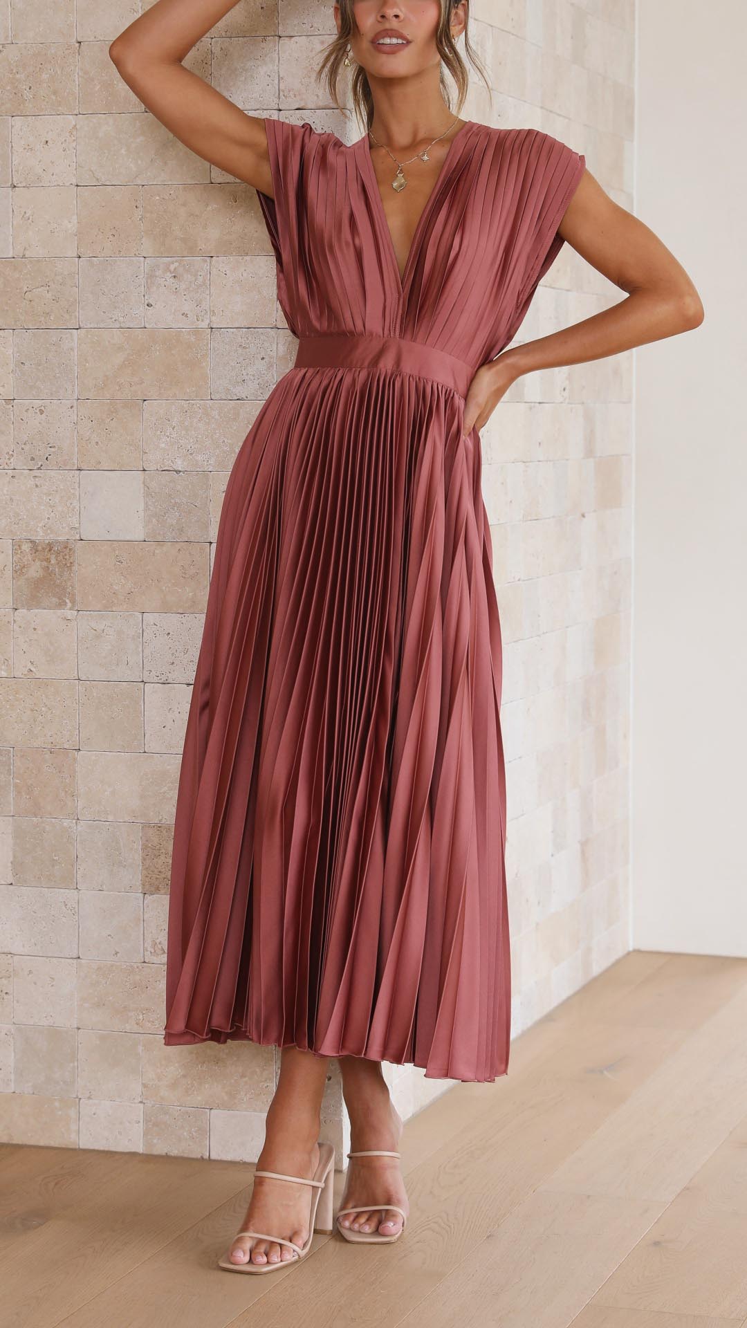 Pleated V-Neck Wedding Guest Maxi Dress for Women