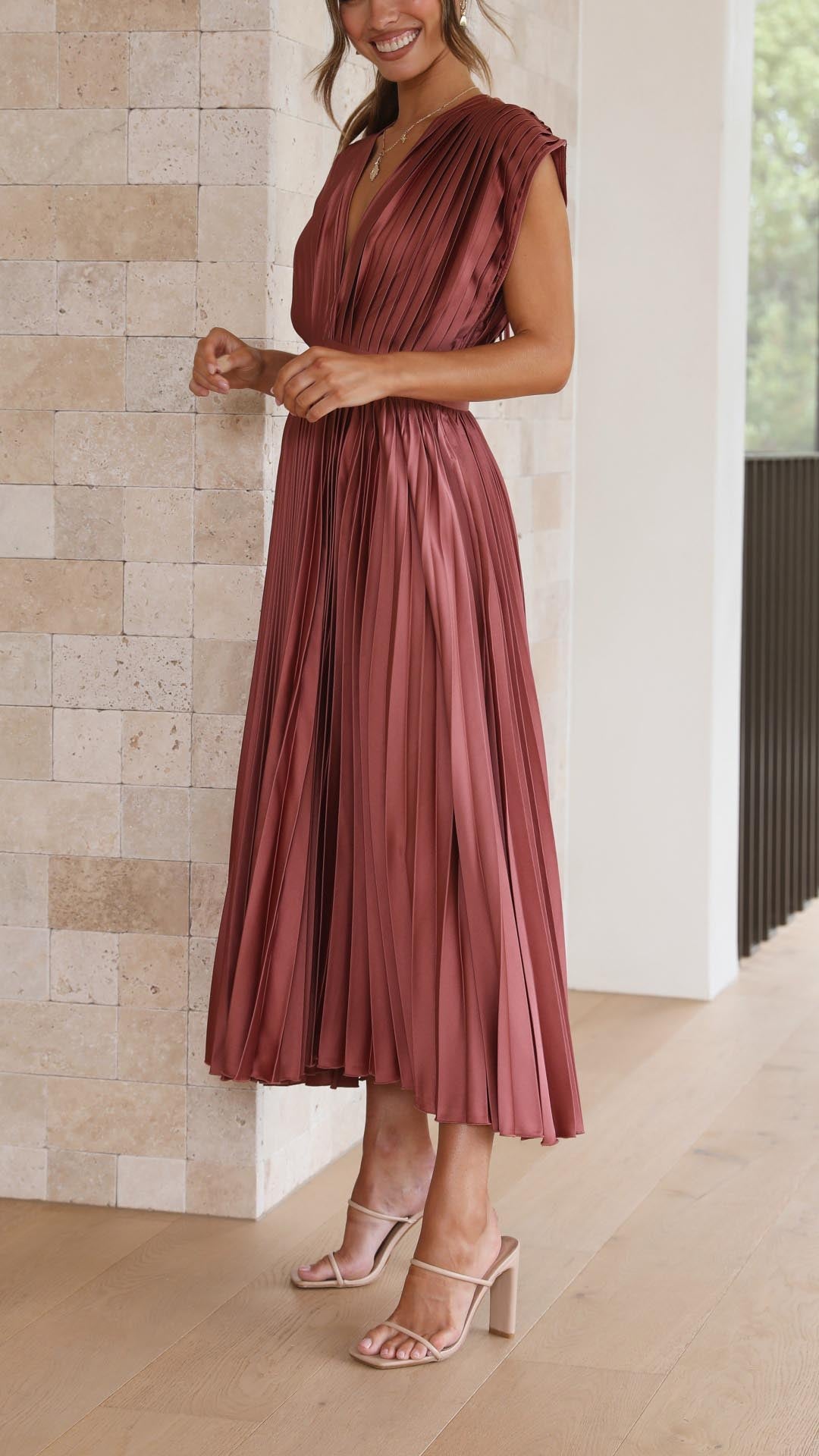 Pleated V-Neck Wedding Guest Maxi Dress for Women
