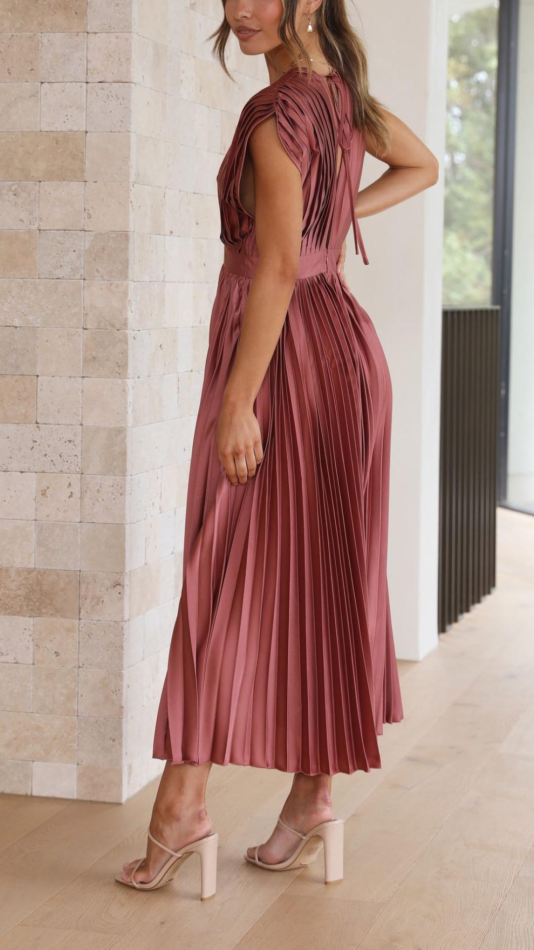 Pleated V-Neck Wedding Guest Maxi Dress for Women