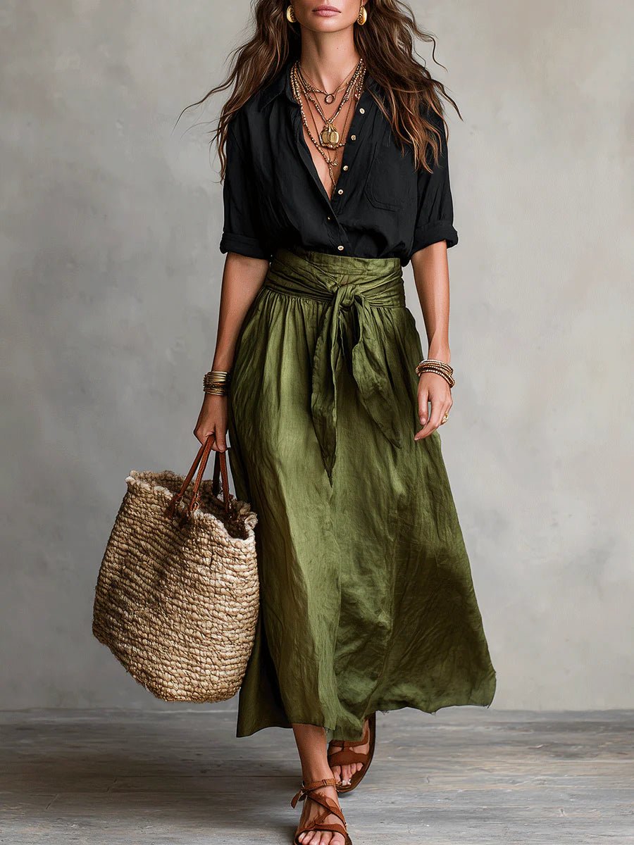 Belted A-Line Midi Skirt Set for Women