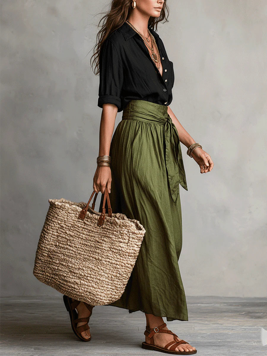 Belted A-Line Midi Skirt Set for Women