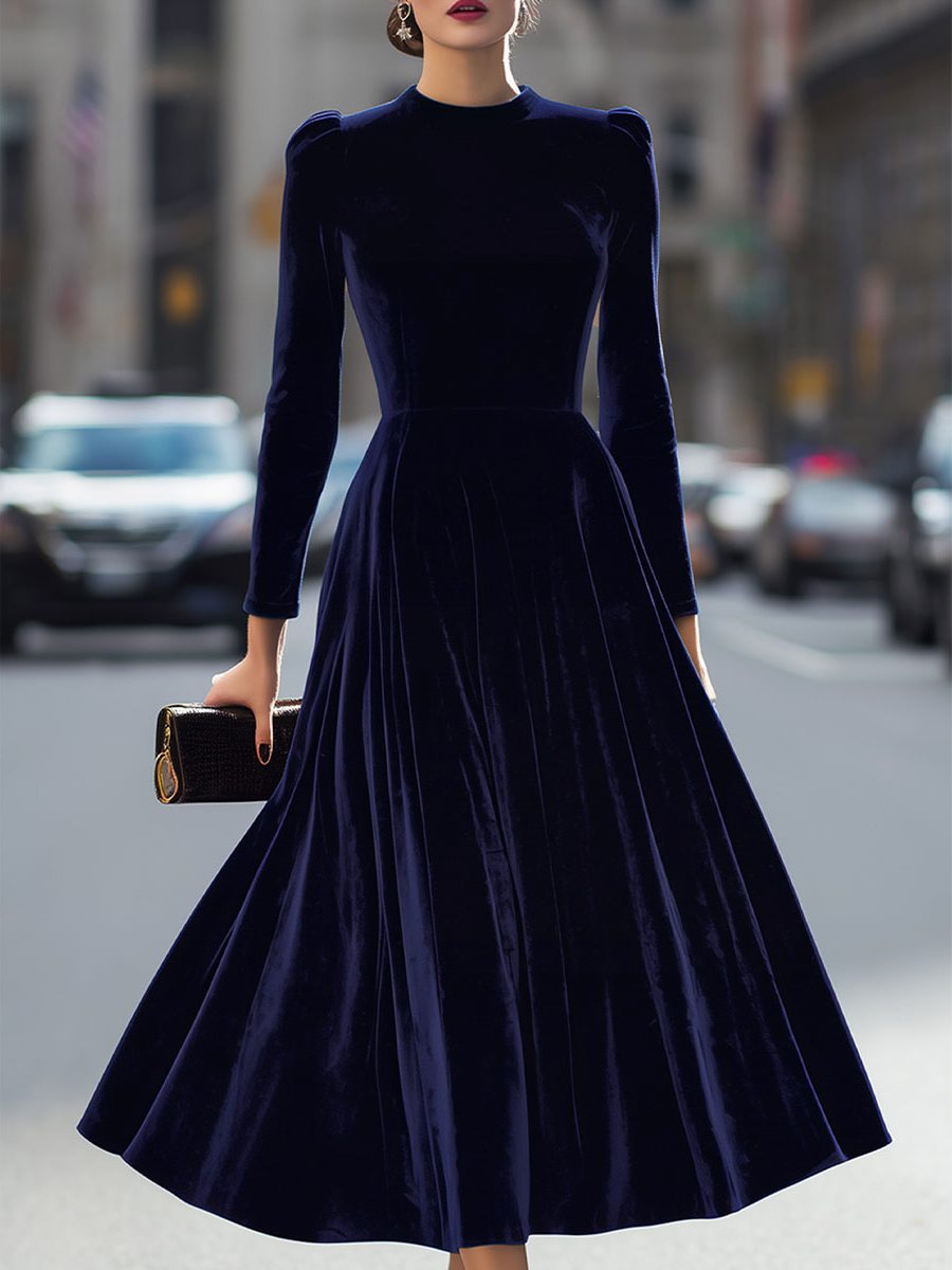 A-Line Velvet Long Sleeve Midi Dress for Women