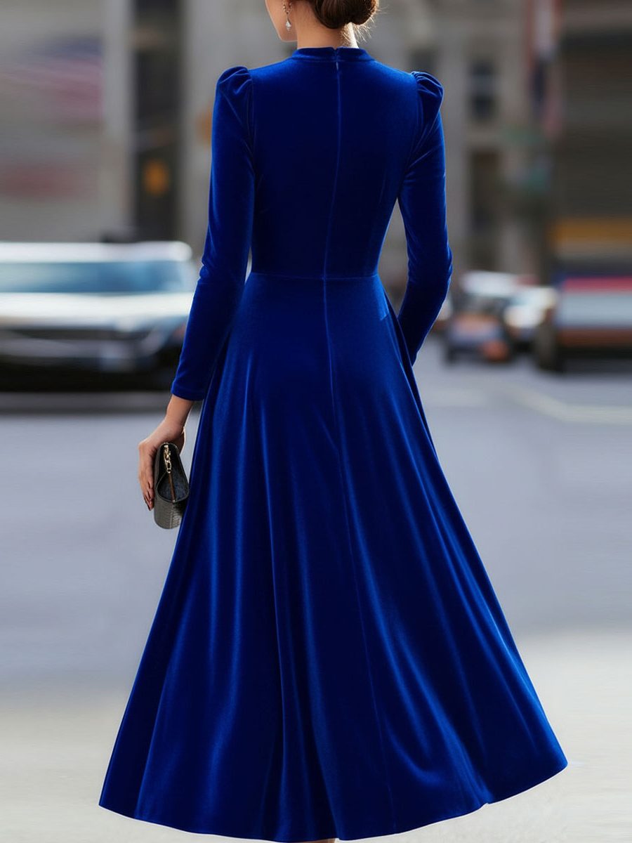 A-Line Velvet Long Sleeve Midi Dress for Women - View 10
