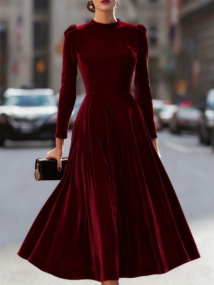 A-Line Velvet Long Sleeve Midi Dress for Women - Burgundy