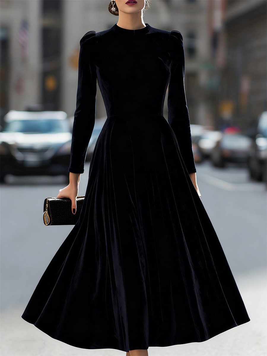 A-Line Velvet Long Sleeve Midi Dress for Women - Black