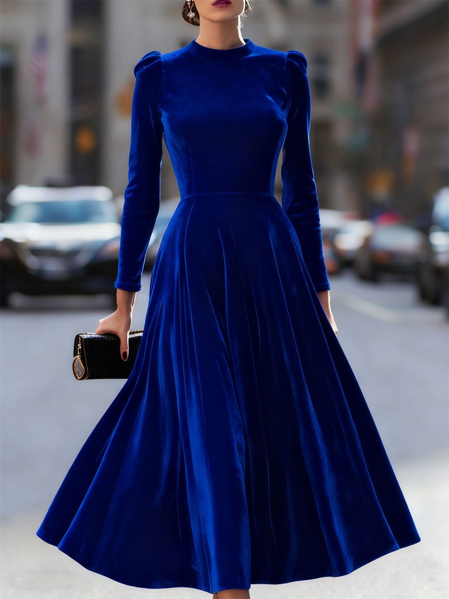 A-Line Velvet Long Sleeve Midi Dress for Women - Royal Blue