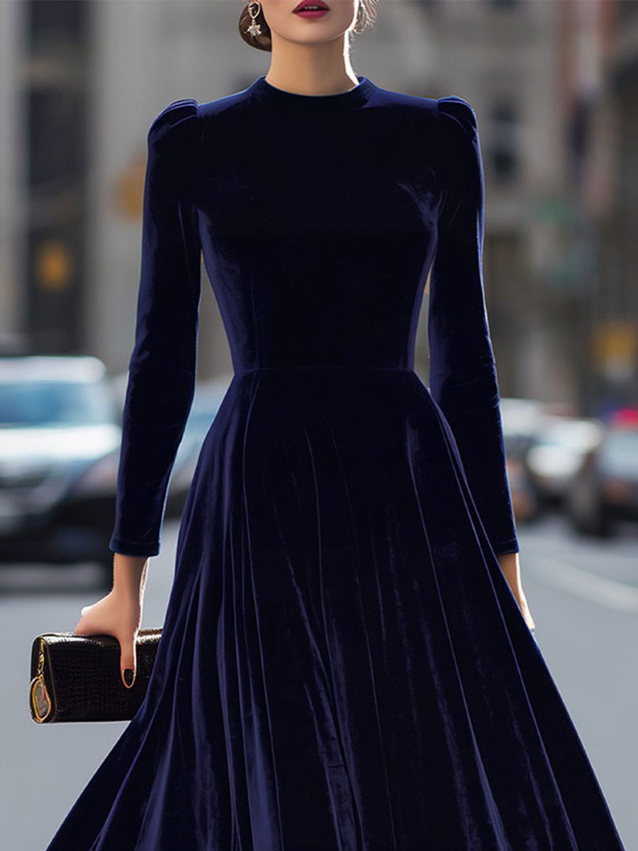 A-Line Velvet Long Sleeve Midi Dress for Women - View 2