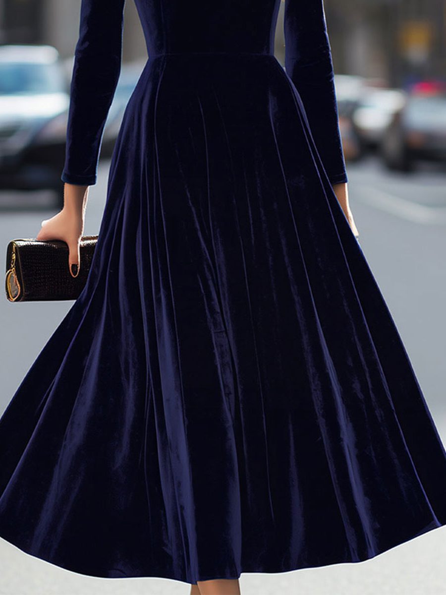 A-Line Velvet Long Sleeve Midi Dress for Women - View 3