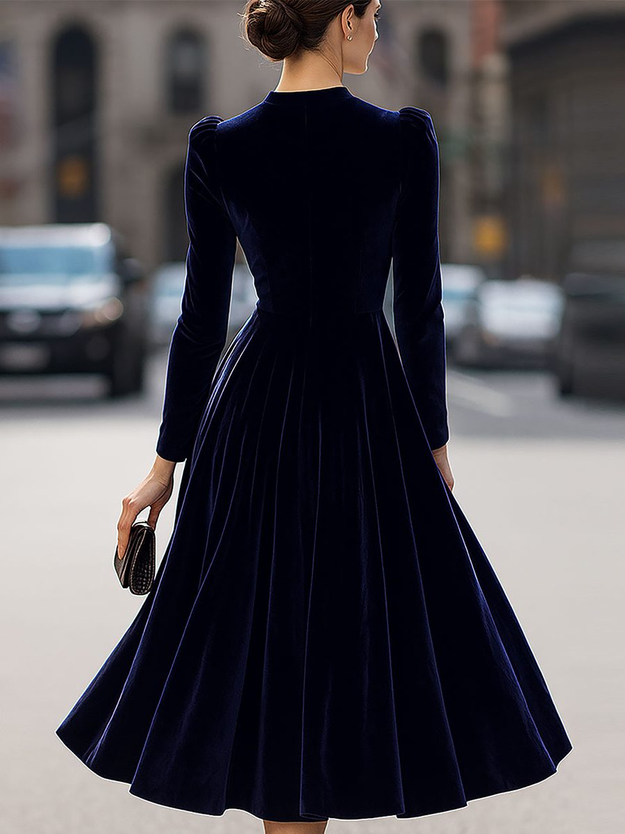 A-Line Velvet Long Sleeve Midi Dress for Women - View 4