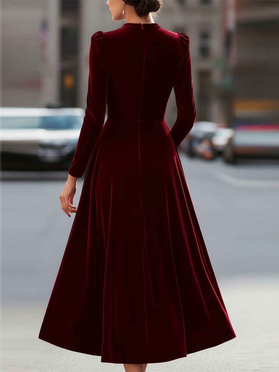 A-Line Velvet Long Sleeve Midi Dress for Women - View 6