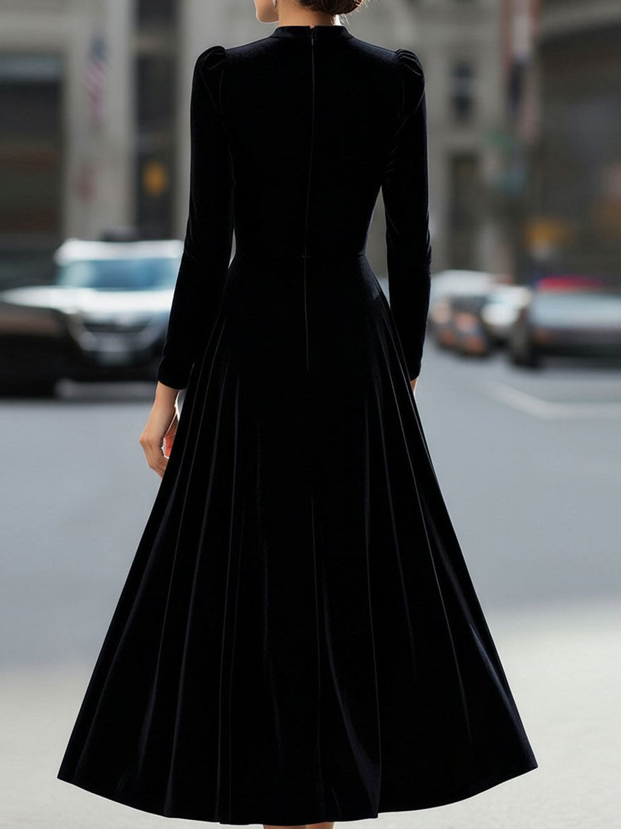 A-Line Velvet Long Sleeve Midi Dress for Women - View 8