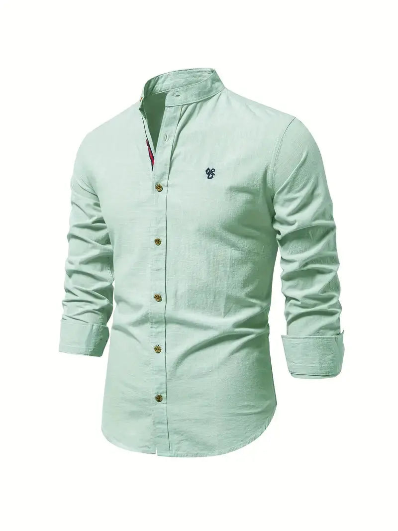 Long Sleeve Linen Shirt with Stand Collar for Men