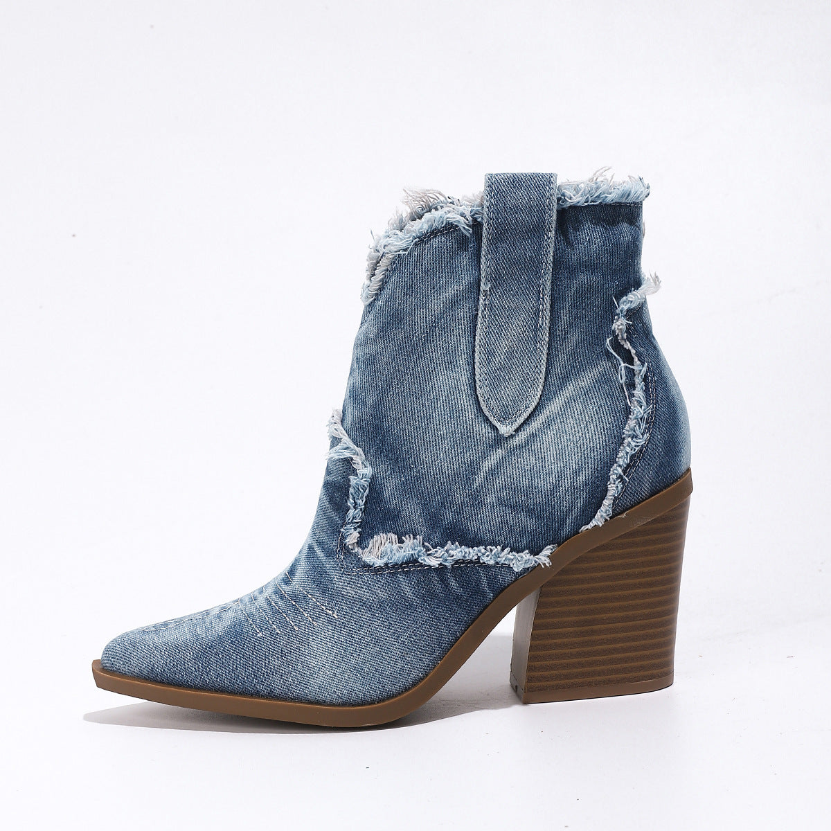 Pointed Toe Denim Cowboy Boots with Block Heel for Women