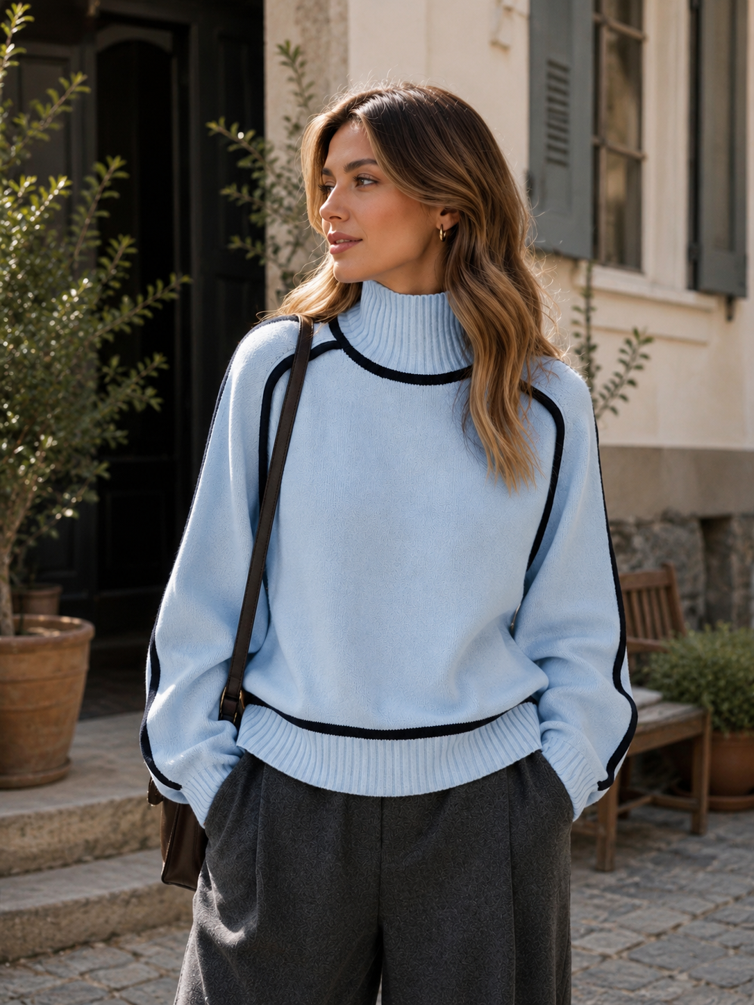Ribbed Knit Oversized Sweater with Roll Neck for Women
