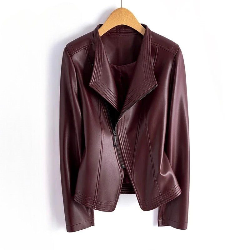 Asymmetric Leather Jacket with V-Collar for Women