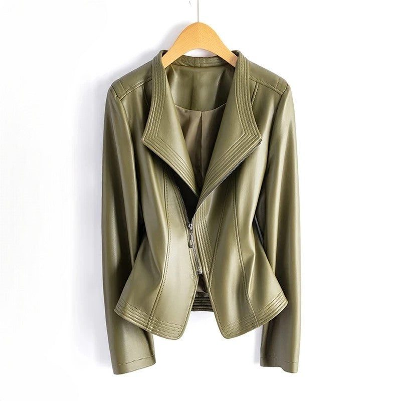 Asymmetric Leather Jacket with V-Collar for Women - Olive Green