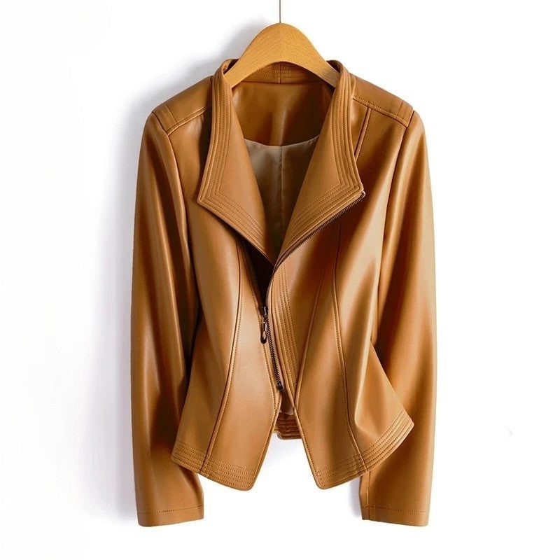 Asymmetric Leather Jacket with V-Collar for Women - Burnt Orange