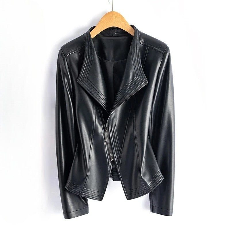Asymmetric Leather Jacket with V-Collar for Women - Black