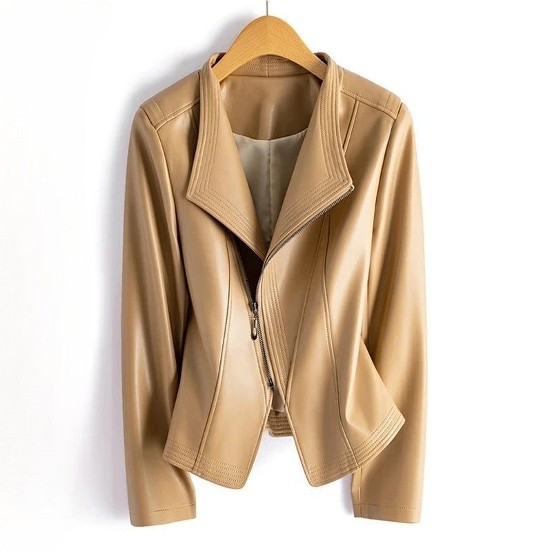 Asymmetric Leather Jacket with V-Collar for Women - Camel