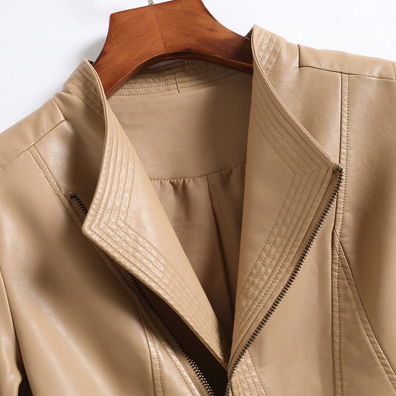 Asymmetric Leather Jacket with V-Collar for Women - View 7