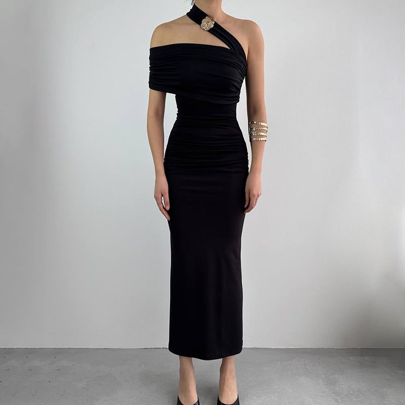 Asymmetric One-Shoulder Ruched Autumn Wedding Guest Maxi Dress for Women - Black