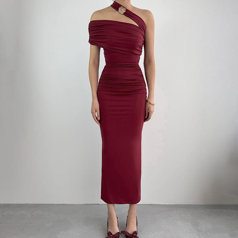 Asymmetric One-Shoulder Ruched Autumn Wedding Guest Maxi Dress for Women