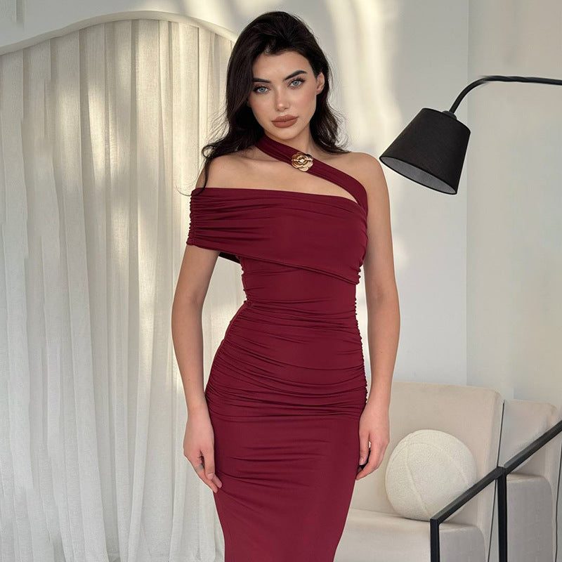 Asymmetric One-Shoulder Ruched Autumn Wedding Guest Maxi Dress for Women - View 2