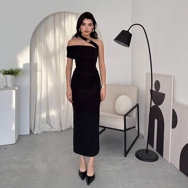 Asymmetric One-Shoulder Ruched Autumn Wedding Guest Maxi Dress for Women - View 4