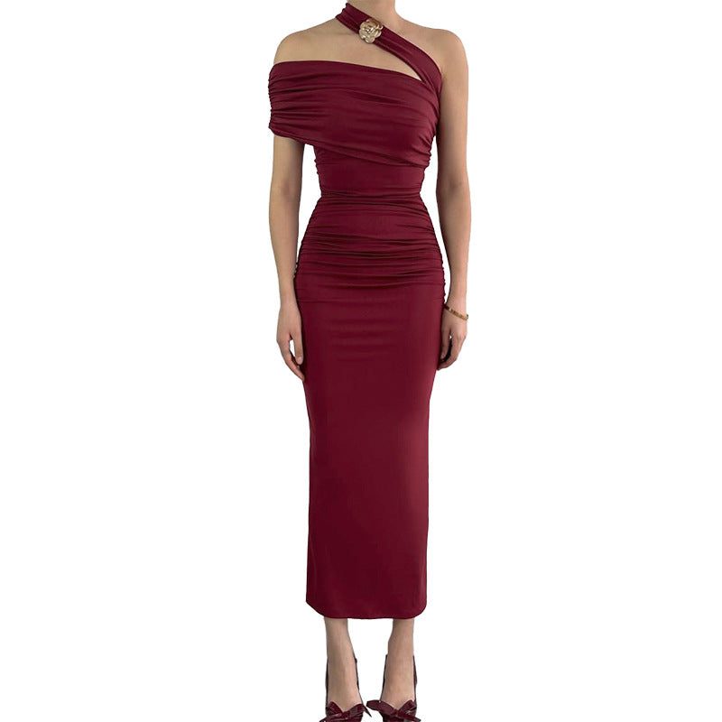 Asymmetric One-Shoulder Ruched Autumn Wedding Guest Maxi Dress for Women - View 5