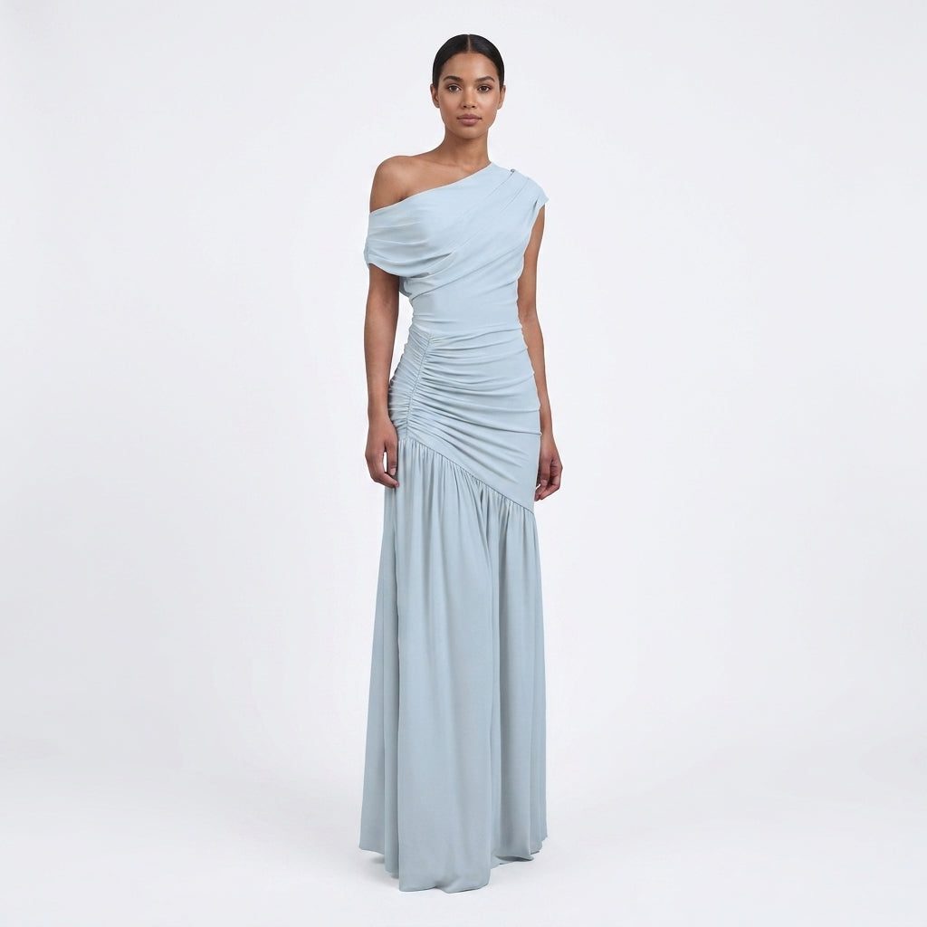 Asymmetric One-Shoulder Ruched Maxi Dress for Women