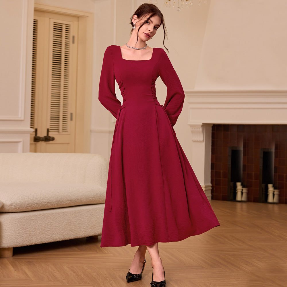 Autumn Wedding Guest Maxi Dress with Square Neckline for Women - Wine