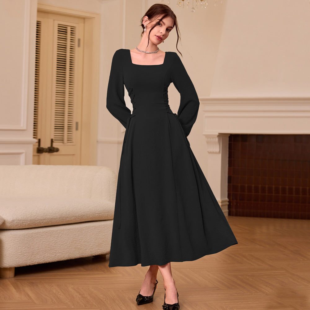 Autumn Wedding Guest Maxi Dress with Square Neckline for Women - Black