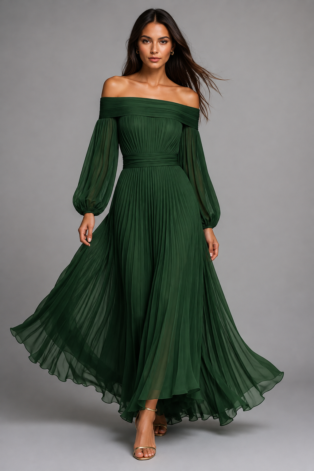 Off-Shoulder Pleated Autumn Wedding Guest Maxi Dress for Women