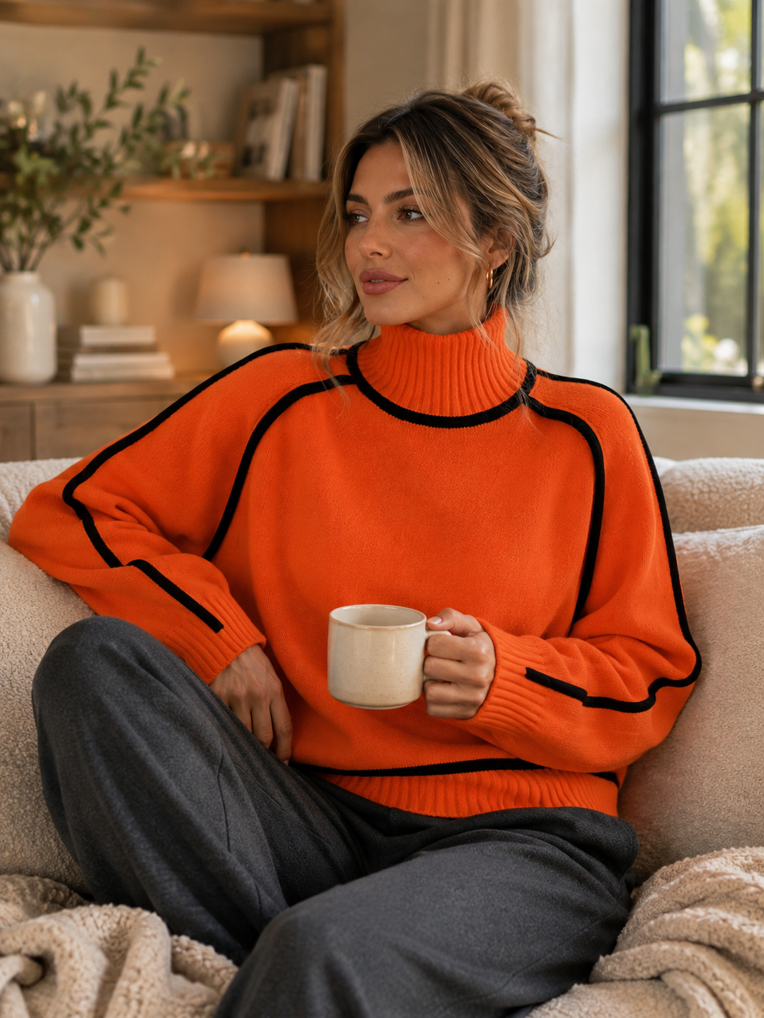 Ribbed Knit Oversized Sweater with Roll Neck for Women