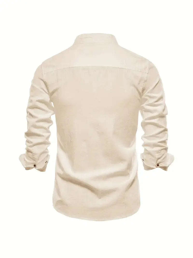 Long Sleeve Linen Shirt with Stand Collar for Men