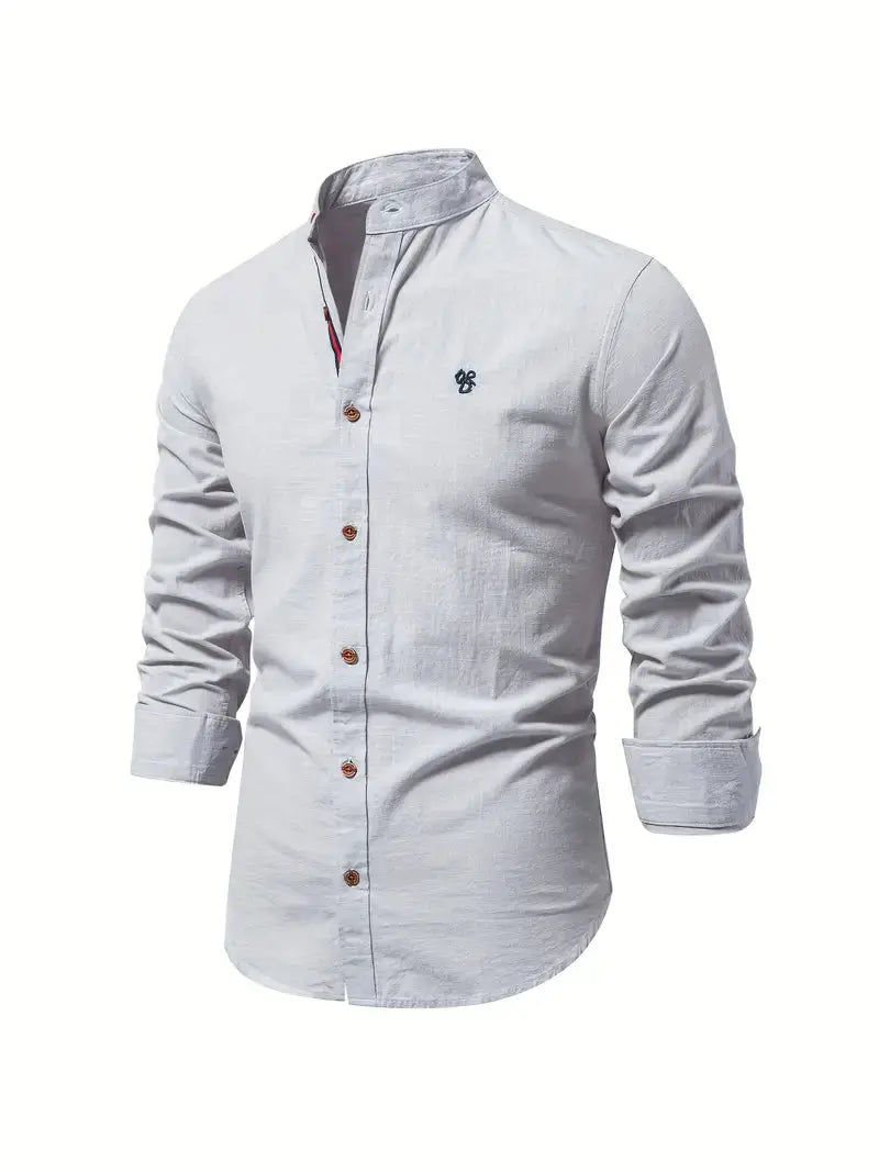 Long Sleeve Linen Shirt with Stand Collar for Men