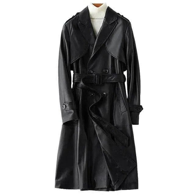 Belted Double-Breasted Leather Trench Coat for Women - Black