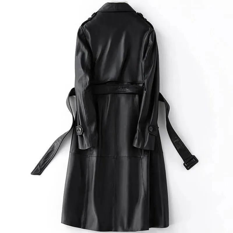 Belted Double-Breasted Leather Trench Coat for Women