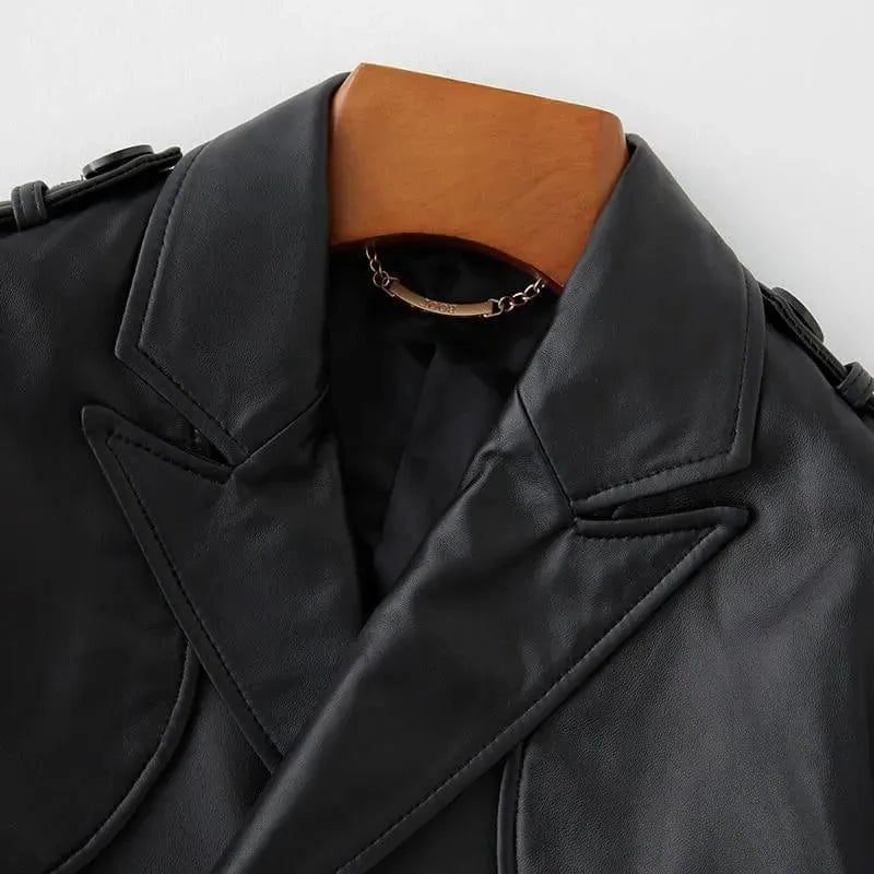 Belted Double-Breasted Leather Trench Coat for Women - View 3