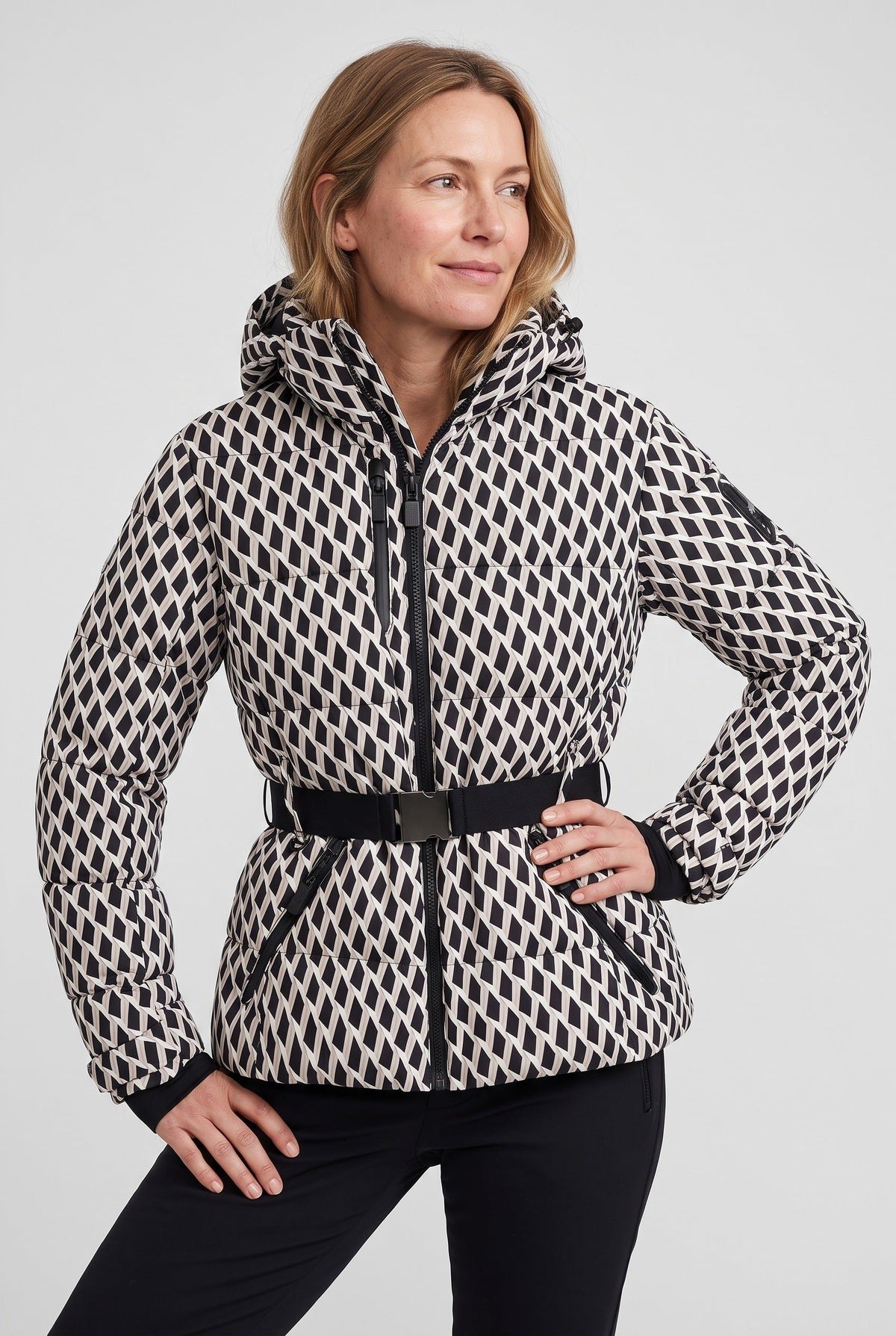 Belted Fitted Puffer Jacket for Women - White