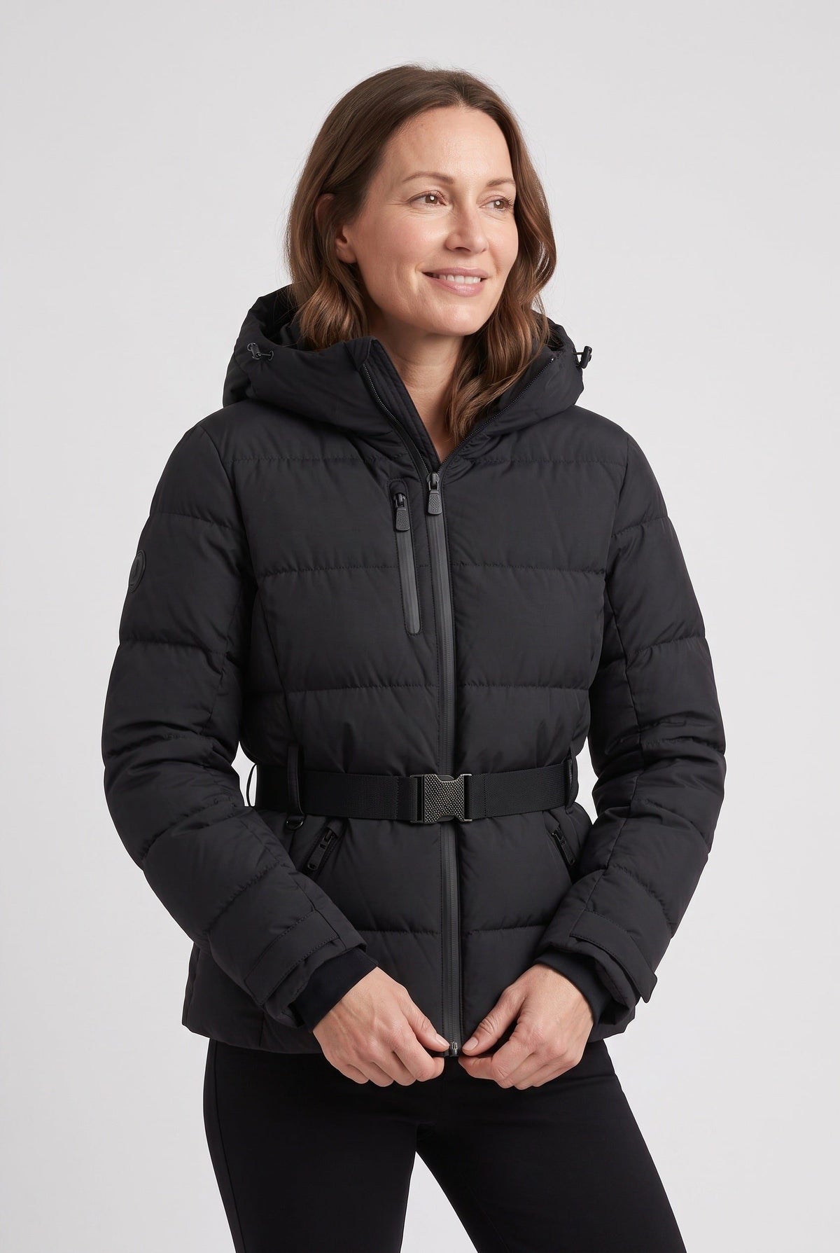 Belted Fitted Puffer Jacket for Women - Black