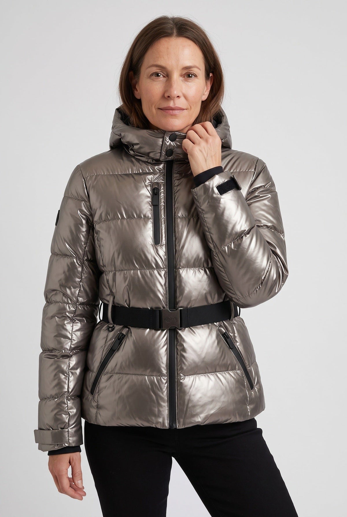 Belted Fitted Puffer Jacket for Women - Silver