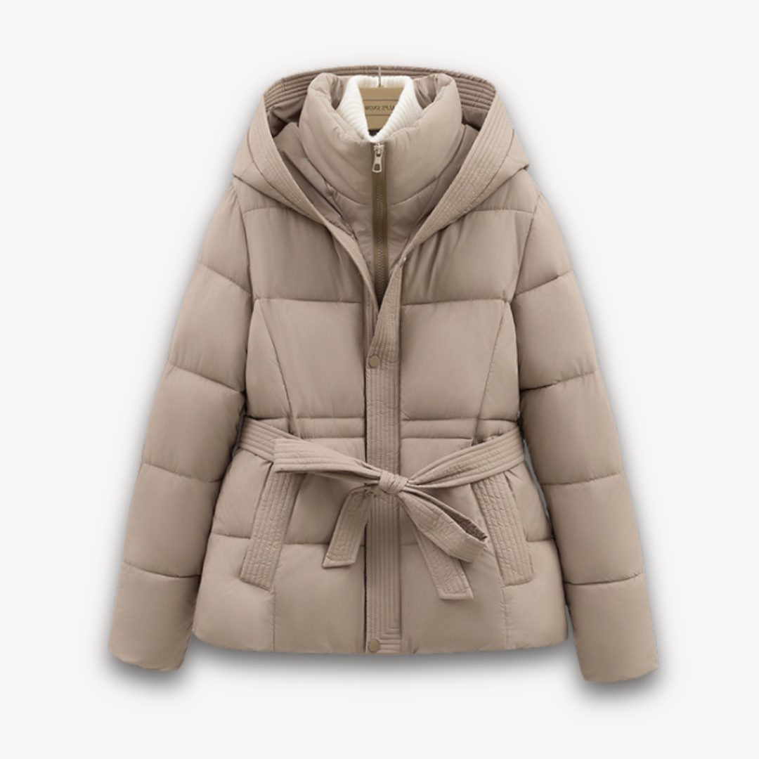 Belted Hooded Longline Puffer Jacket for Women - Beige