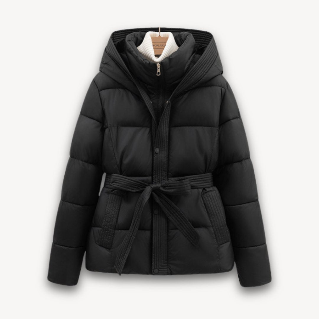 Belted Hooded Longline Puffer Jacket for Women - Black