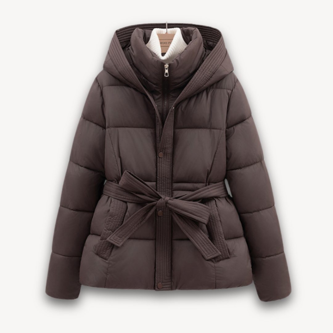 Belted Hooded Longline Puffer Jacket for Women - Brown