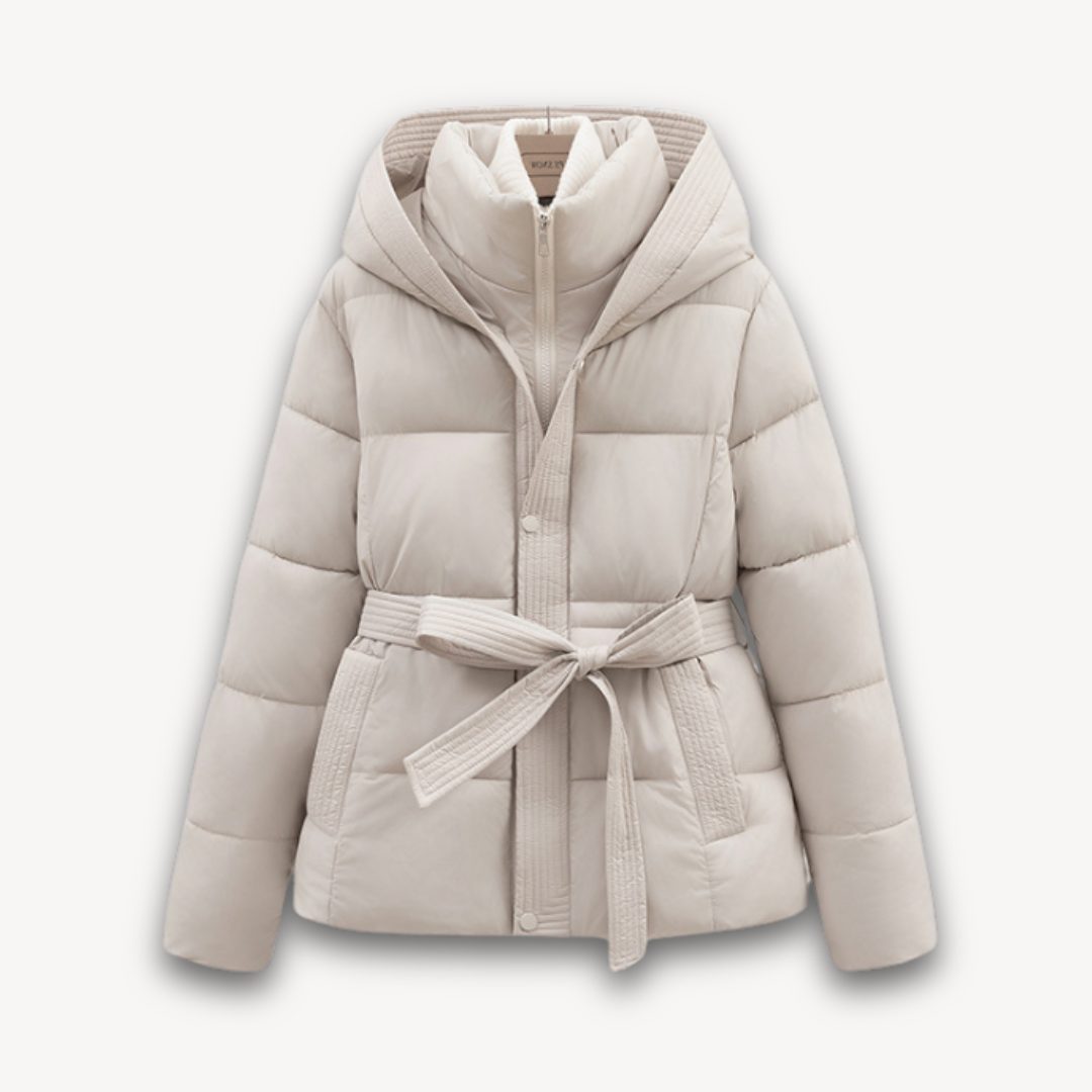 Belted Hooded Longline Puffer Jacket for Women - White